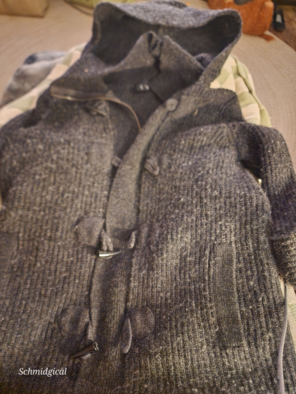 A/X Armani‎ Charcoal Hooded Zip Snap & Toggle Heavy Lambswool Unisex Sweater